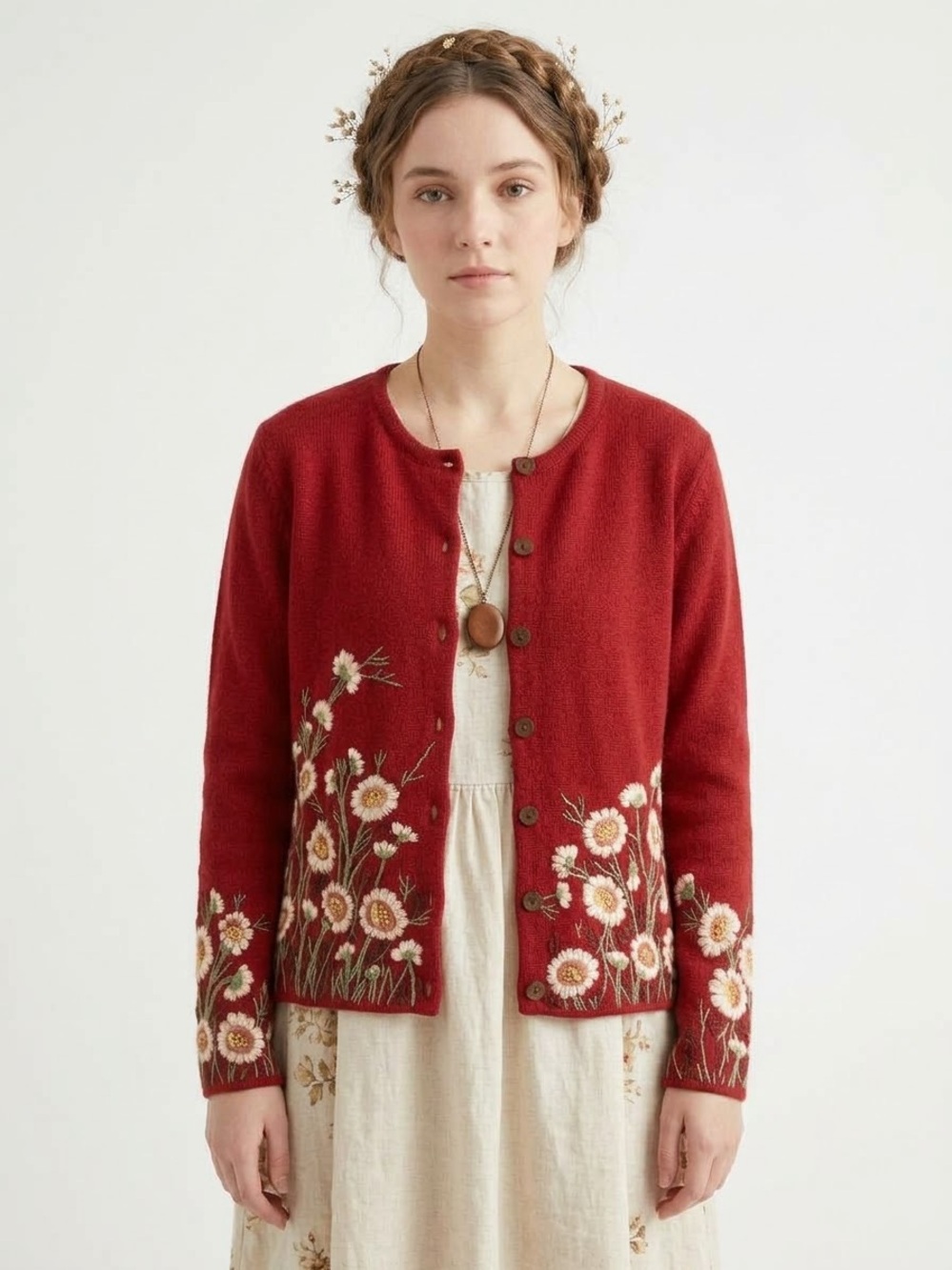 Cottagecore Goblincore Wool Embroidered Cardigan Woodland Floral Earthy Granny